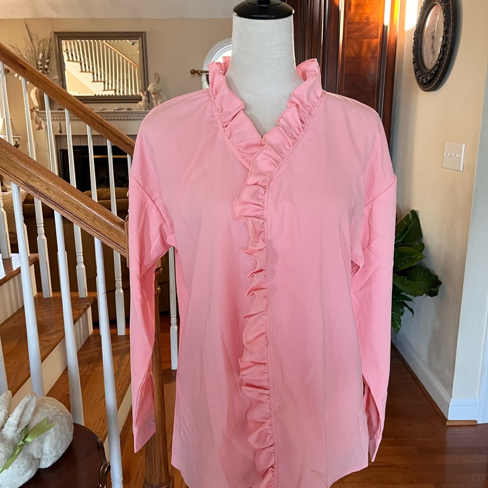 NEW Ruffled Front Button-Down Blouse in Pink